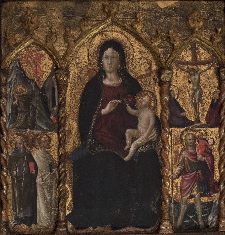 Dipinto su tavola “Madonna in trono con Bambino, stigmate di san Francesco, Sant’Antonio Abate e san Bartolomeo, Crocifissione, san Cristoforo”